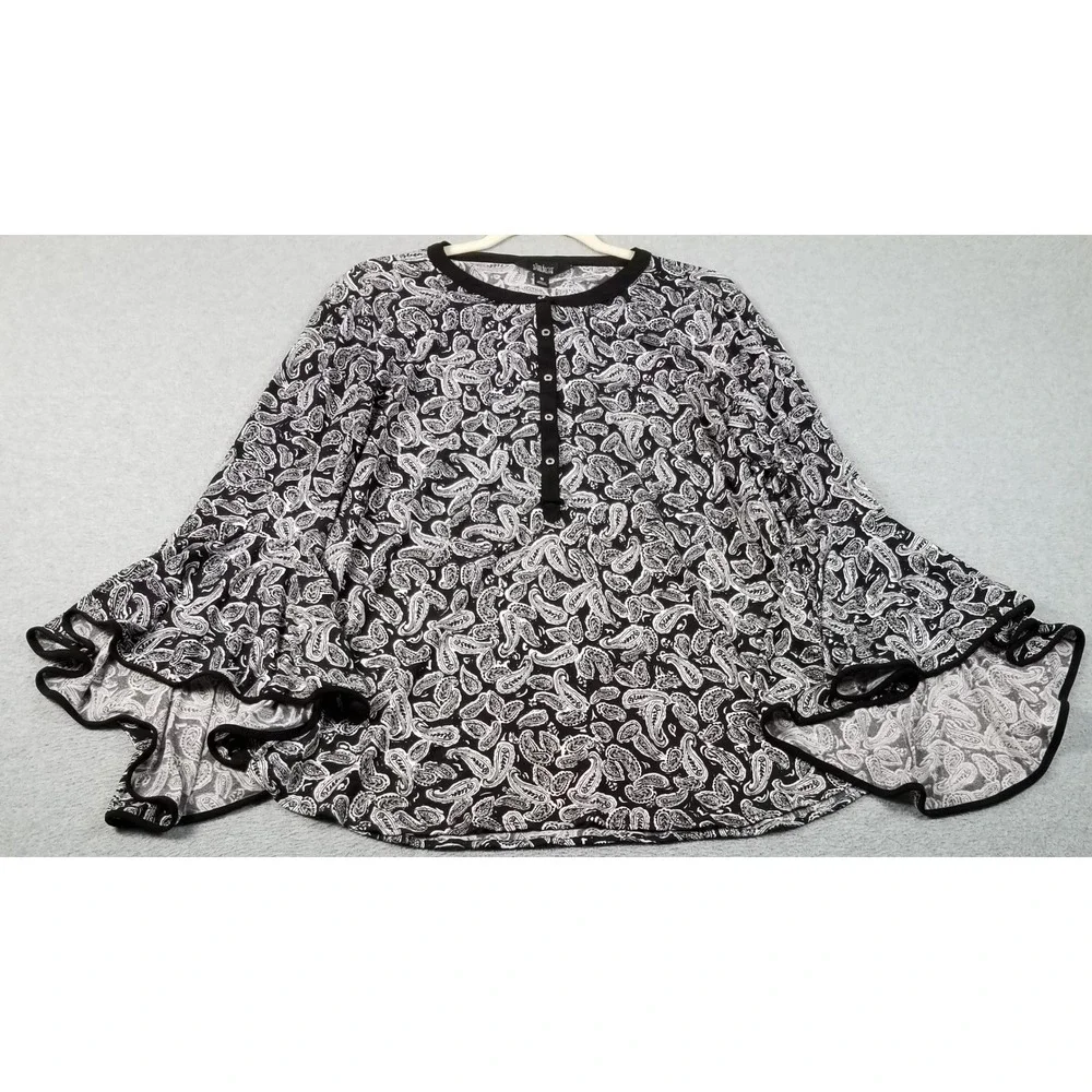 Investments Blouse Women's Medium M Black White Paisley Long Bell Sleeve Stretch